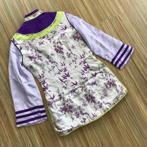 Cheongsam QiPao Long Sleeve Tunic Top Purple Green Bamboo Satin Brocade - Picture 5 of 9